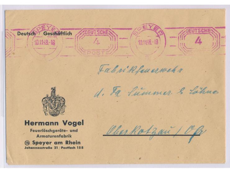 Band-Maschinenstempel  Speyer  10.11.48 mit  Achteck-Wertrahmen "Deutsche Post"  und Wertangabe 4 Pf. auf Drucksache nach Obe