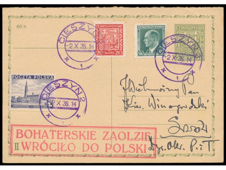 Besetzung des Teschener Gebietes,  CSR-Ganzsache 50 H. mit Zusatzfrankatur 20 H. und 50 H. und Polen 5 gr., provisorischer vi