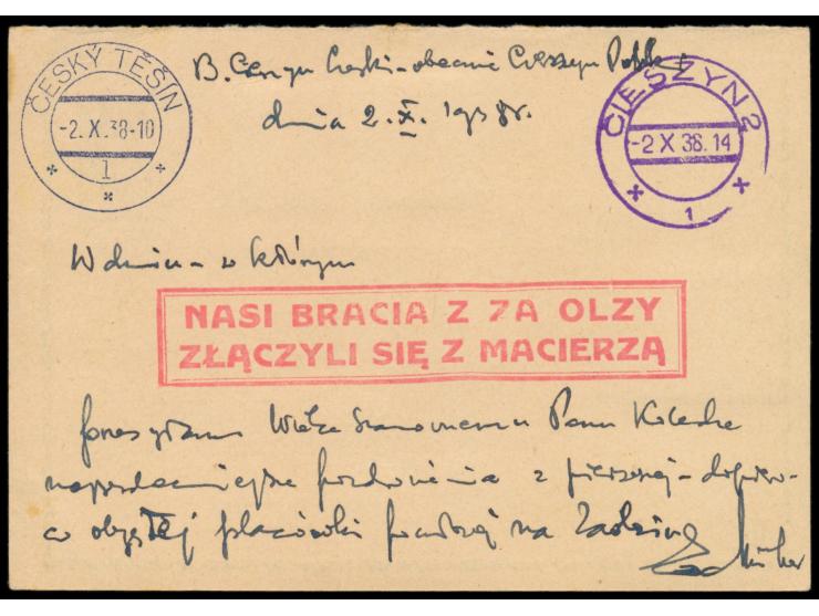 Besetzung des Teschener Gebietes,  CSR-Ganzsache 50 H. mit Zusatzfrankatur 20 H. und 50 H. und Polen 5 gr., provisorischer vi