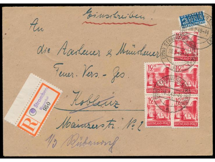 5 x 12 Pf. und Notopfermarke auf  Einschreibbrief  mit Stempel  Stromberg (Hunsrück)  28.2.49 nach Koblenz,  Blanko-R-Zettel 
