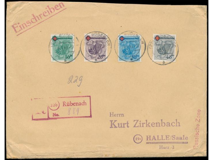 Rotes Kreuz-Satz  auf Einschreibbrief mit Stempel Rübenach 4.4.49 mit gestempelter Adresse nach Halle (Saale), roter R-Stempe