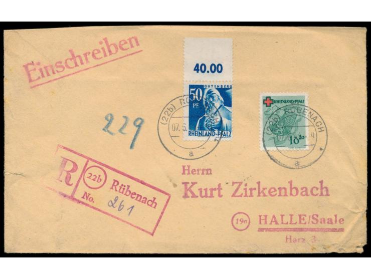 10 Pf. Rotes Kreuz  mit 50 Pf. auf  Einschreibbrief,  Stempel Rübenach 7.6.49 und roter R-Stempel, nach Halle (Saale), Ankunf