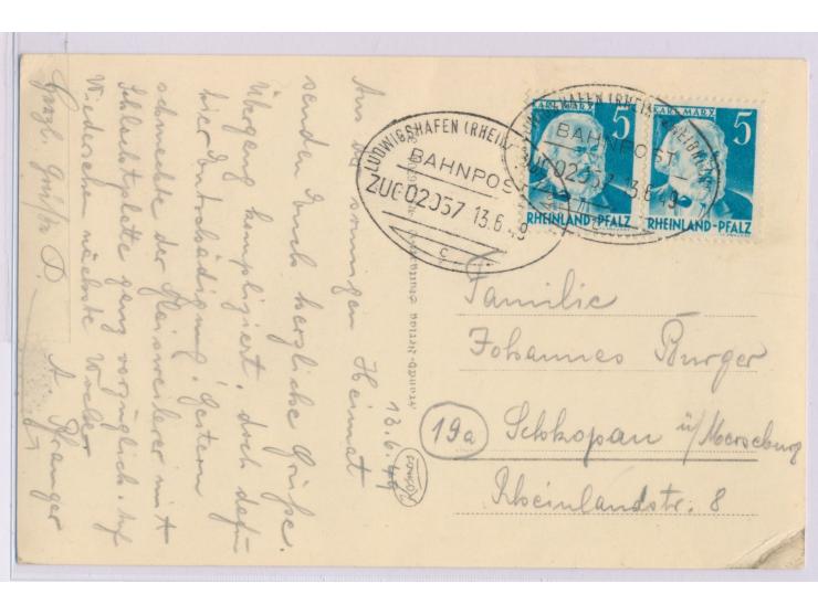 2 x Bahnpoststempel  Ludwigshafen (Rhein) - Zweibrücken  Zug 02057 13.6.49 auf Ansichtskarte von Annweiler mit 2 x 5 Pf. nach