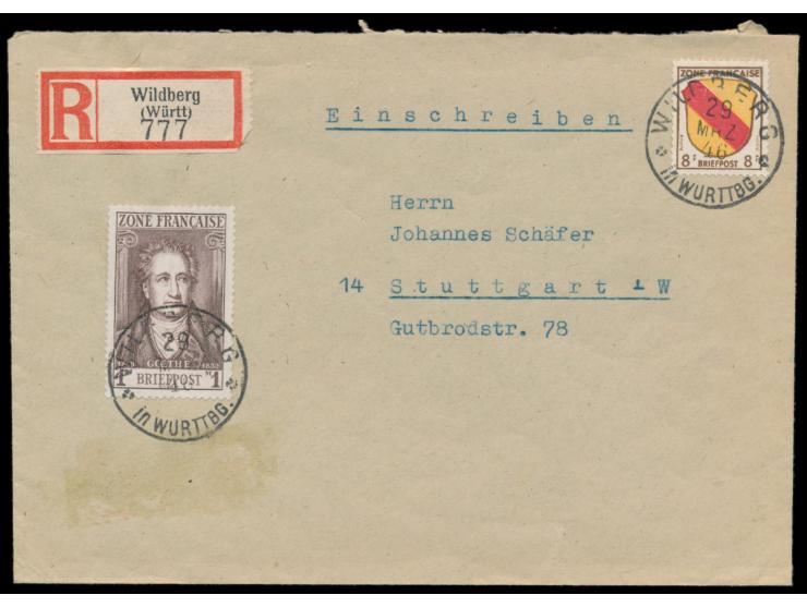 Allgemeine Ausgabe 8 Pf. und 1 M. auf &nbsp;Einschreibbrief &nbsp;2. Gewicht mit sehr seltenem &nbsp;Württemberg-K1 Wildberg 