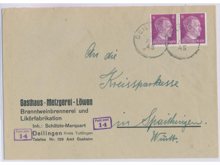 Württemberg-K1  von  Deilingen  3. Apr. 45 als Aushilfsstempel auf Brief mit 2 x 6 Pf. Hitler nach Spaichingen, Leitstempel "