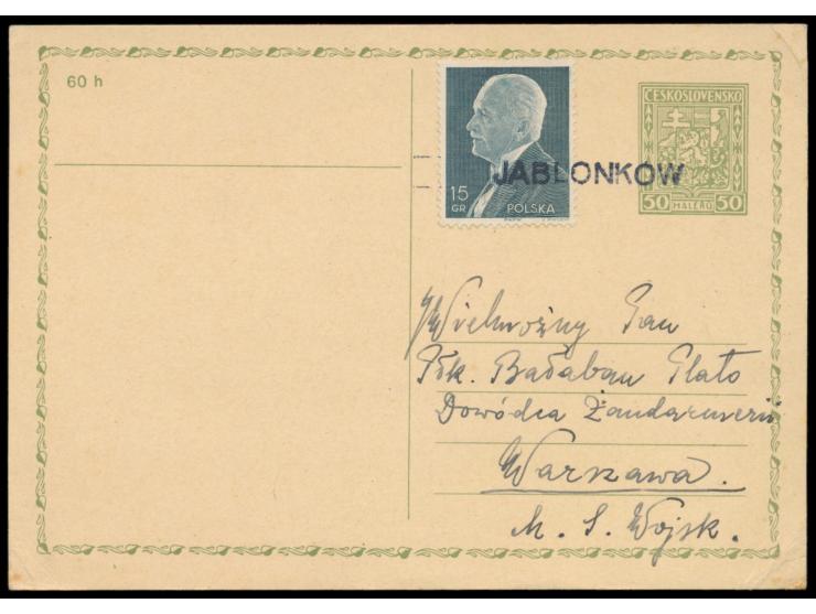 Besetzung des Teschener Gebietes,  15 gr. auf  CSR-Ganzsache 50 H., entwertet mit L1  Jablonkow , nach Warszawa, rückseitig d