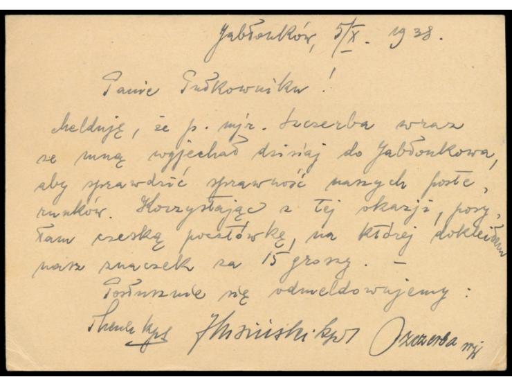 Besetzung des Teschener Gebietes,  15 gr. auf  CSR-Ganzsache 50 H., entwertet mit L1  Jablonkow , nach Warszawa, rückseitig d