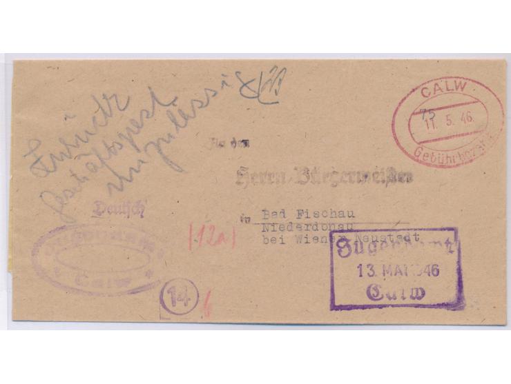 roter Ovalstempel  Calw Gebühr bezahlt  11.5.46 auf  Auslandsbrief  nach Bad Fischau bei Wiener Neustadt / Österreich, handsc