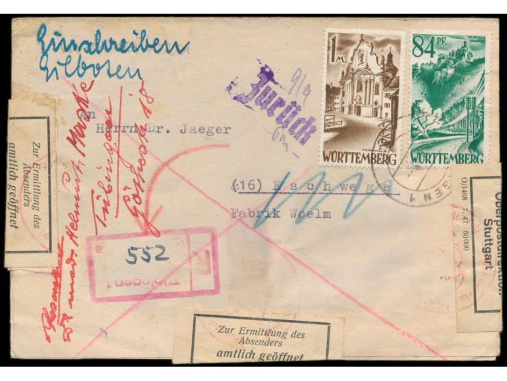 84 Pf. und 1 M. auf Eilboten-Einschreibbrief mit Stempel  Tübingen 1  8.9.47 nach Eschwege, Ankunftstempel 9.9.47, handschrif