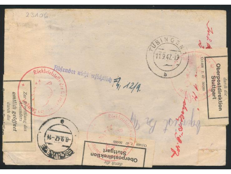 84 Pf. und 1 M. auf Eilboten-Einschreibbrief mit Stempel  Tübingen 1  8.9.47 nach Eschwege, Ankunftstempel 9.9.47, handschrif