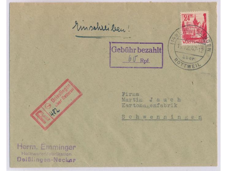 24 Pf. und Stempel Gebühr bezahlt ... Rpf. (handschriftlich 60 Pf.) als Teilbarfrankatur auf Einschreibbrief mit Stempel (14b
