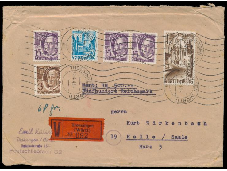 Mischfrankatur 1,68 M. auf  Wertbrief  mit Wertangabe 500 RM und 68 gr. Gewicht, 2 x sauberer  Handrollstempel Trossingen (Wü