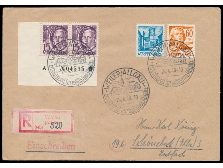 Einschreibbrief mit 15 Pf. Hölderlin im waagerechtem Eckrand-Paar links unten mit  Bogen-Nr.  "A N. 04555 *" und 20 Pf. und 6