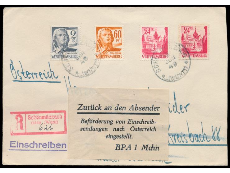 Auslands-Einschreibbrief nach Österreich, portorichtige Mischfrankatur 110 Pf., seltener  Alt-Württemberg-K1 Schönmünzach (Wü