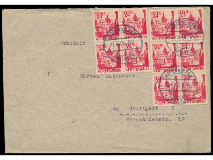 10x 24 Pfg. Württemberg auf Brief mit Stempel  Höfen a. d. Enz  23.6.48 nach Stuttgart,  portorichtige Zehnfachfrankatur , sc