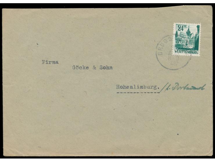 24 Pf. auf Brief mit weiterverwendetem  Bayern-K1 Brugg i. Allgäu  31.8.48 nach Hohenlimburg, Bedarf
Stichwort: Notstempel
Po