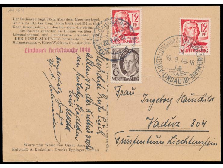 12 Pf. Schiller mit Sonderstempel Ausstellung 100 Jahre Bayer. Briefmarke Lindau (B) 19.9.48 auf Sonderkarte der Lindauer Her