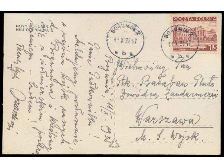 Besetzung des Teschener Gebietes,  15 gr. auf  tschechischer Ansichtskarte Nowy Bohumin / Neu Oderberg (Bahnhof mit Straßenba