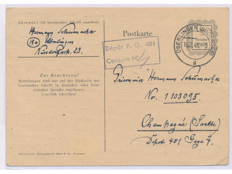 OPD Freiburg, &nbsp;Behelfsganzsache 6 Pf. an einen Deutschen im französischen Kriegsgefangenen-Lager &quot;Depot 401 Champag