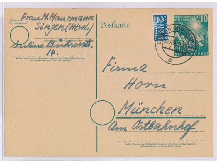 Sonderganzsache 10 Pf. "1. Deutscher Bundestag"  als seltene Verwendung in Baden, Stempel  Singen (Hohentwiel)  22.10.48, Not