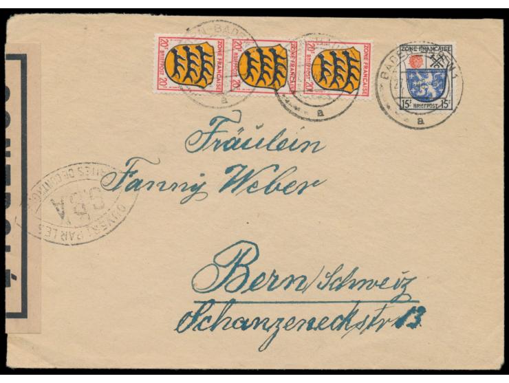 Zensurstelle Baden-Baden,  Auslandsbrief mit Allgemeine Ausgabe 15 Pf. und 3 x 20 Pf. in die Schweiz, Stempel Baden-Baden 1 2