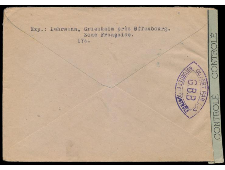 Zensurstelle Offenburg, &nbsp;Auslandsbrief nach Frankreich, handschriftlich &quot;Gebühr bezahlt -,75&quot; und Stempel Offe