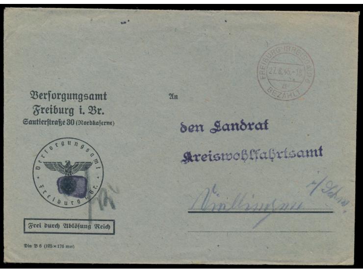 Zensurstelle Freiburg,  unverschlossener Behördenbrief mit rotem Stempel  Freiburg (Breisgau) 6 Bezahlt  27.8.45 nach Villing