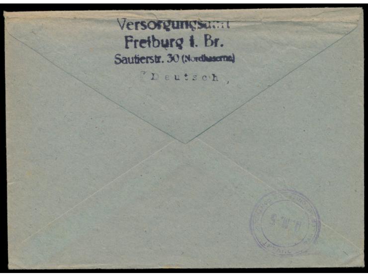Zensurstelle Freiburg,  unverschlossener Behördenbrief mit rotem Stempel  Freiburg (Breisgau) 6 Bezahlt  27.8.45 nach Villing