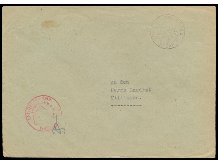 Zensurstelle Freiburg,  unverschlossener Behördenbrief mit rotem Stempel  Freiburg (Breisgau) 6 Bezahlt  27.8.45 nach Villing