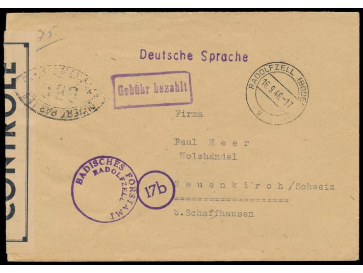 Zensurstelle Freiburg,  Auslands-Behördenbrief mit Stempel Radolfzell (Bodensee) 16.9.46 und R1 Gebühr bezahlt in die Schweiz