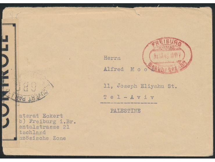 Zensurstelle Freiburg,  Auslandsbrief mit rotem Stempel  Freiburg (Breisgau)  31.10.46 nach Tel Aviv / Palästina, links schwa