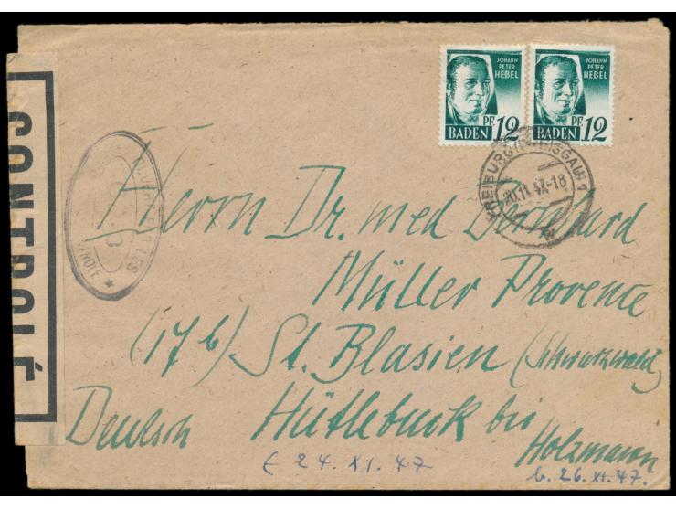 Zensurstelle Freiburg,  2 x Baden 12 Pf. auf Brief mit Stempel Freiburg (Breisgau) 1 20.11.47 nach St. Blasien, links beiger 
