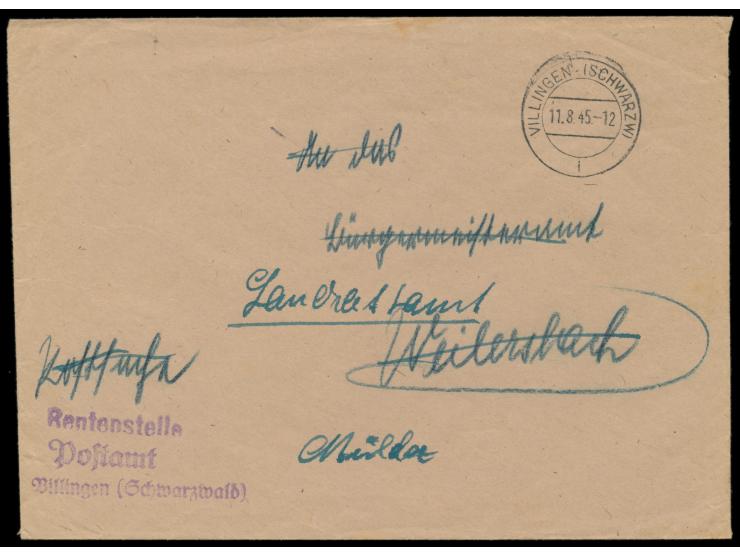 Zensurstelle Konstanz,  Brief der Rentenstelle des Postamts Villingen an das Landratsamt Mülda (?), Stempel Villingen (Schwar