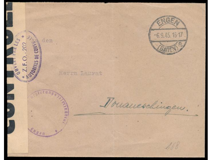 Zensurstelle Singen,  Behördenbrief mit Stempel  Engen (Baden)  6.9.45 nach Donaueschingen, aptiertes Dienstsiegel Regierungs