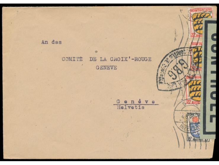 Zensurstelle Tübingen,  Auslandsbrief mit Allgemeine Ausgabe 15 Pf. und 3 x 20 Pf. (eine Marke beschädigt) in die Schweiz, Ha