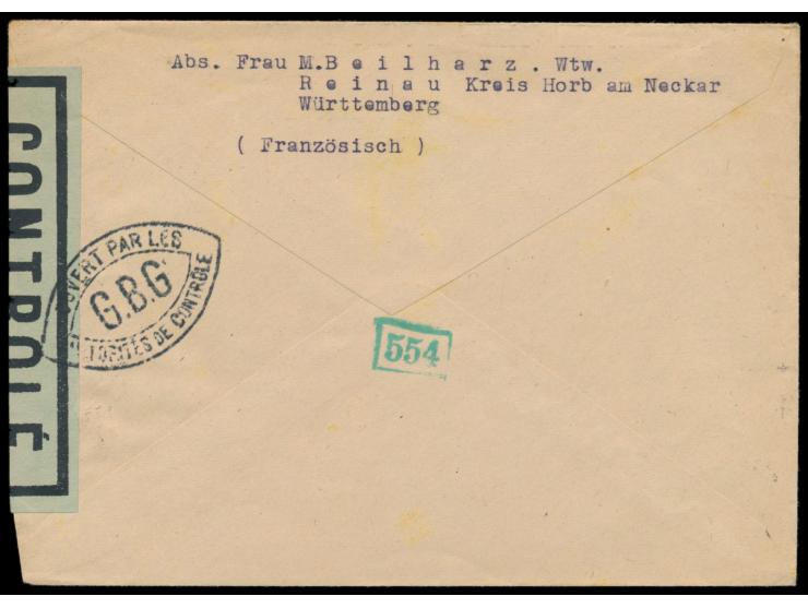 Zensurstelle Tübingen,  Auslandsbrief mit Allgemeine Ausgabe 15 Pf. und 3 x 20 Pf. (eine Marke beschädigt) in die Schweiz, Ha