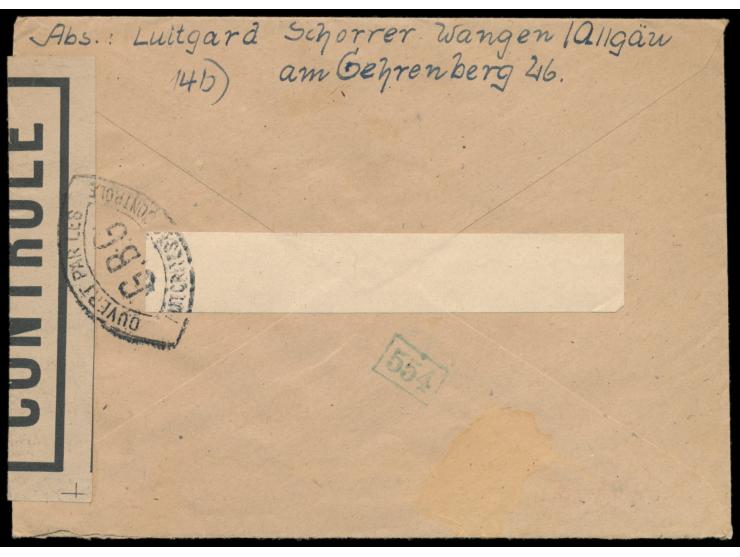 Zensurstelle Tübingen,  Auslandsbrief mit Mischfrankatur Allgemeine Ausgabe 75 Pf. in die Schweiz, Stempel Wangen (Allgäu) 24