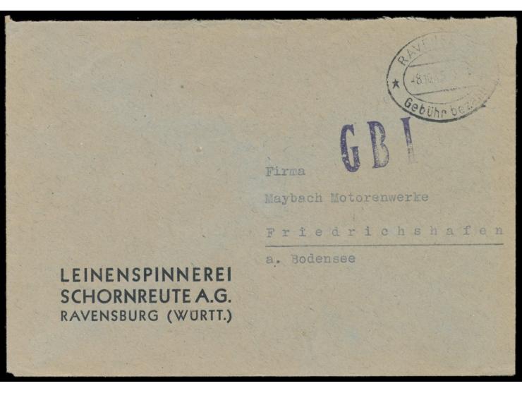 Zensurstelle Lindau,  Firmenbrief mit Stempel  Ravensburg  Gebühr bezahlt 8.10.45 nach Friedrichshafen, violetter L1  G B I, 