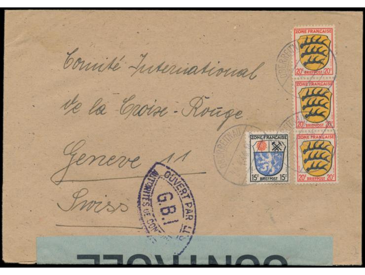 Zensurstelle Lindau,  Auslandsbrief mit Allgemeine Ausgabe 15 Pf. und 3 x 20 Pf. in die Schweiz, Stempel Oberreitnau 24.4.46,