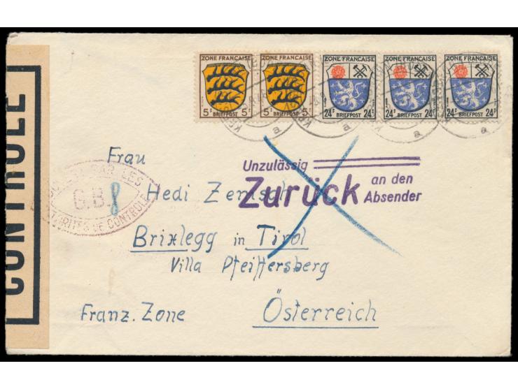 Zensurstelle Lindau,  Auslandsbrief mit Allgemeine Ausgabe 2 x 5 Pf. und 3 x 24 Pf. nach Österreich, Stempel Kressbronn (Bode