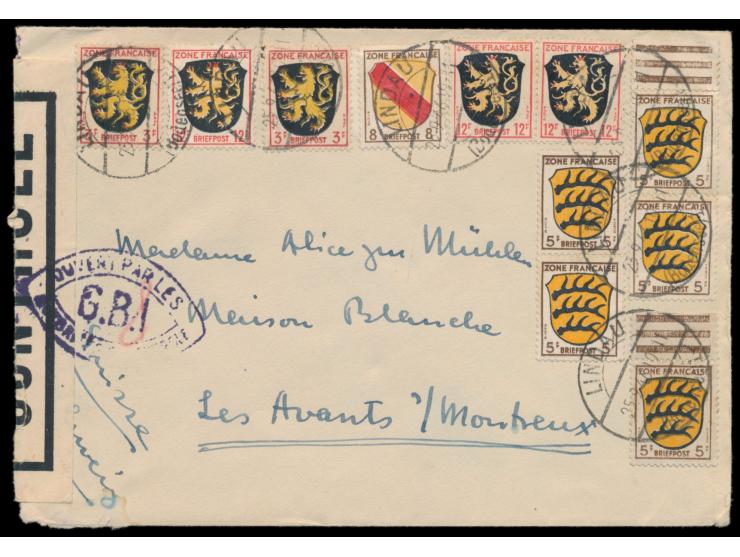 Zensurstelle Lindau,  Auslandsbrief mit Mischfrankatur Allgemeine Ausgabe 75 Pf. nach Frankreich, Stempel Lindau (Bodensee) 1