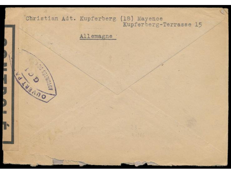 Zensurstelle Saarbrücken,  Auslandsbrief nach Paris, Stempel  Mainz  20.9.46 und roter R3  Taxe percue,  handschriftlich 75 P