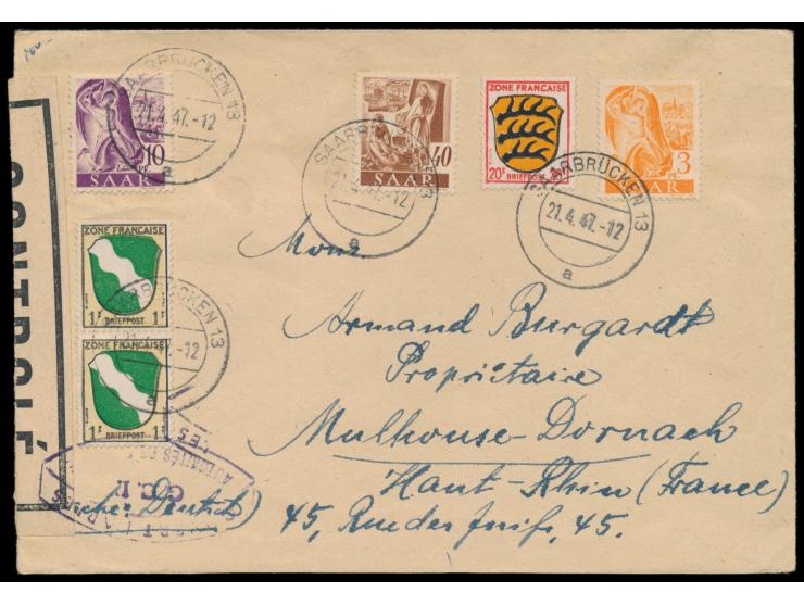 Zensurstelle Saarbrücken,  Mischfrankatur Allgemeine Ausgabe 2 x 1 Pf. und 20 Pf. mit Saar 3, 10 und 40 Pf. auf Auslandsbrief