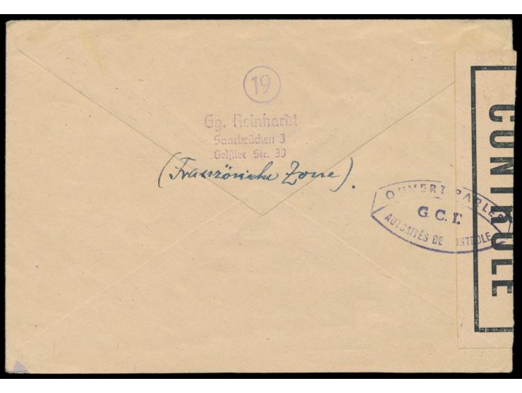 Zensurstelle Saarbrücken,  Mischfrankatur Allgemeine Ausgabe 2 x 1 Pf. und 20 Pf. mit Saar 3, 10 und 40 Pf. auf Auslandsbrief