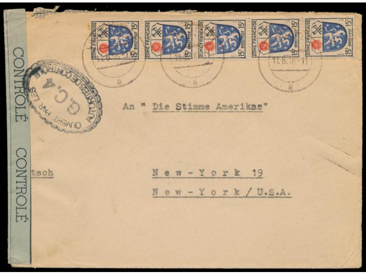 Zensurstelle Worms, &nbsp;5 x Allgemeine Ausgabe 15 Pf. auf Auslandsbrief nach USA, Stempel Landstuhl 11.6.46, links grüner V