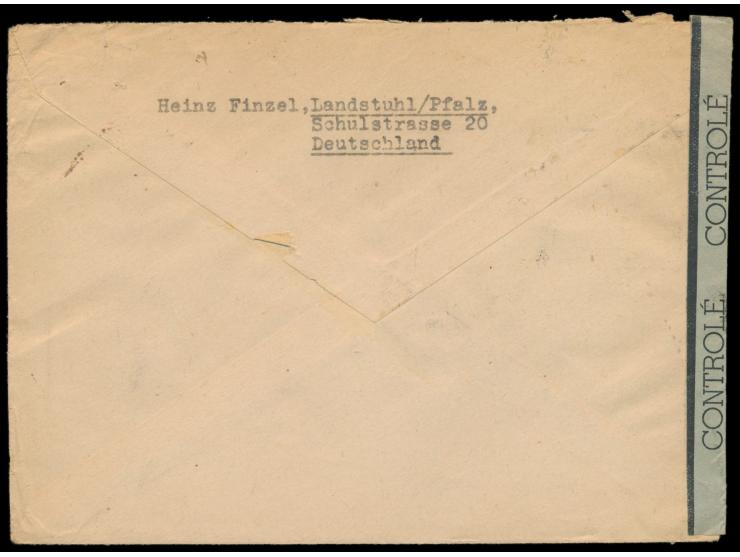 Zensurstelle Worms, &nbsp;5 x Allgemeine Ausgabe 15 Pf. auf Auslandsbrief nach USA, Stempel Landstuhl 11.6.46, links grüner V