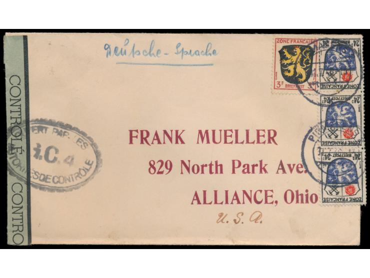 Zensurstelle Worms, &nbsp;Auslandsbrief nach USA, Frankatur Allgemeine Ausgabe 3 Pf. und 3 x 24 Pf. (etwas über den Rand gekl