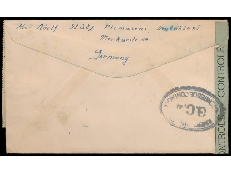 Zensurstelle Worms, &nbsp;Auslandsbrief nach USA, Frankatur Allgemeine Ausgabe 3 Pf. und 3 x 24 Pf. (etwas über den Rand gekl