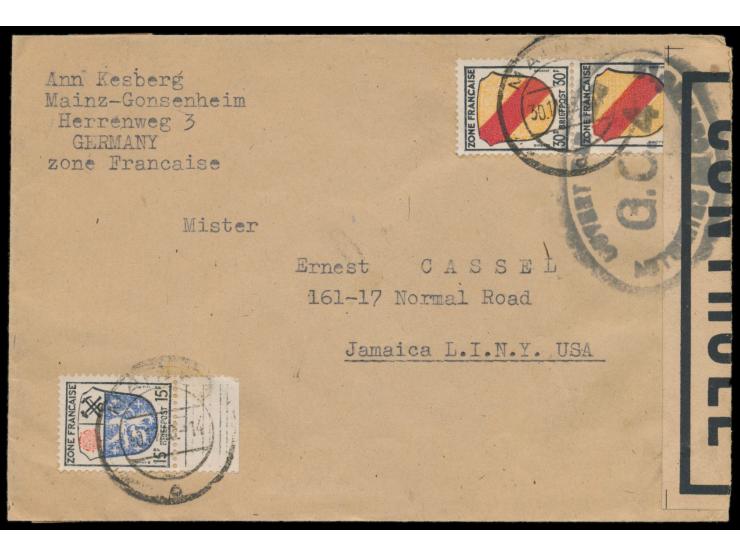 Zensurstelle Worms,  Auslandsbrief nach USA, Frankatur Allgemeine Ausgabe 15 Pf. und 2 x 15 Pf., Stempel Mainz 30.11.46, rech