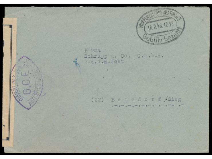 Zensurstelle Koblenz,  Brief mit Stempel  Wuppertal-Oberbarmen 1 Gebühr bezahlt  18.2.46 nach (22) Betzdorf / Sieg, links wei